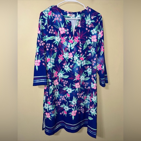 Aryeh Tropical Print Dress UPF 50 XL Blue NWT - Picture 1 of 5
